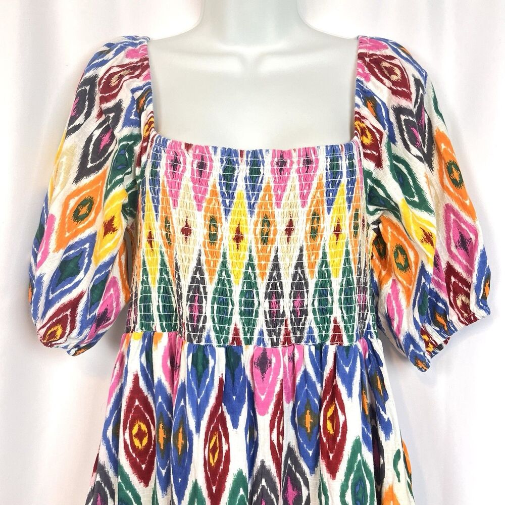 THML Women’s Medium Smocked Ikat Print Midi Dress Puff Sleeve Boho Cottagecore - Picture 3 of 10
